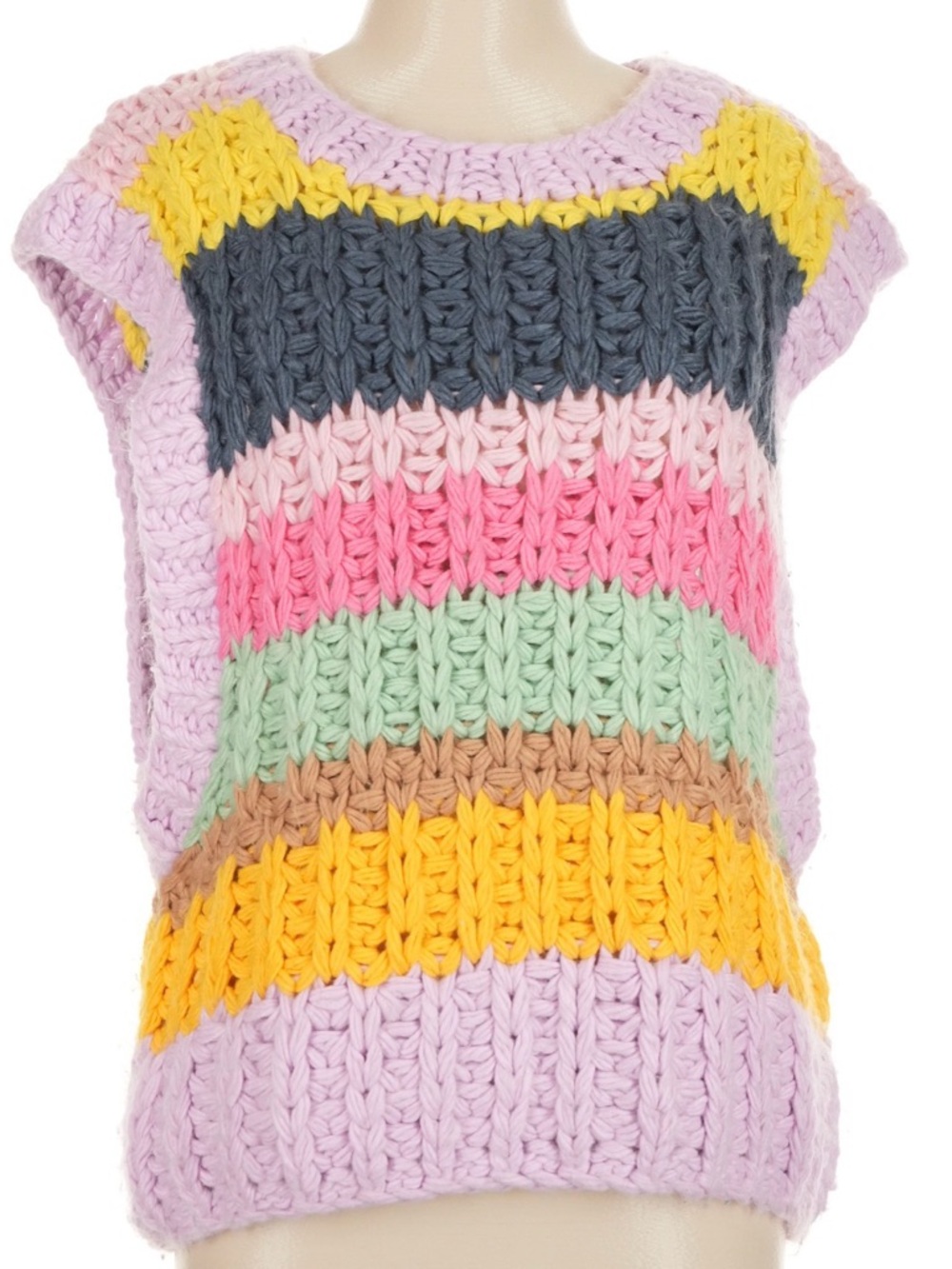 Anthropologie Chunky Crocheted Striped Sweater Vest - Lilac, Yellow, Pink, Gray